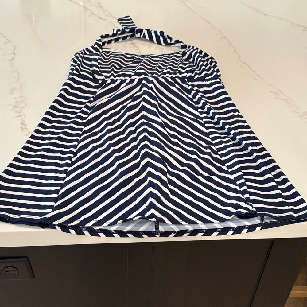 Lands End Striped Navy & White Halter swim dress size 12DD
